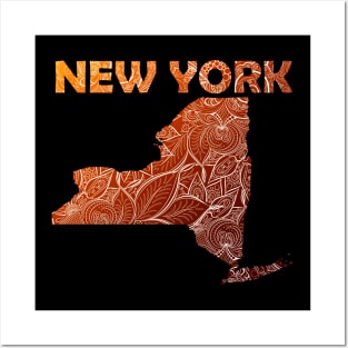 Colorful mandala art map of New York with text in brown and orange Posters and Art